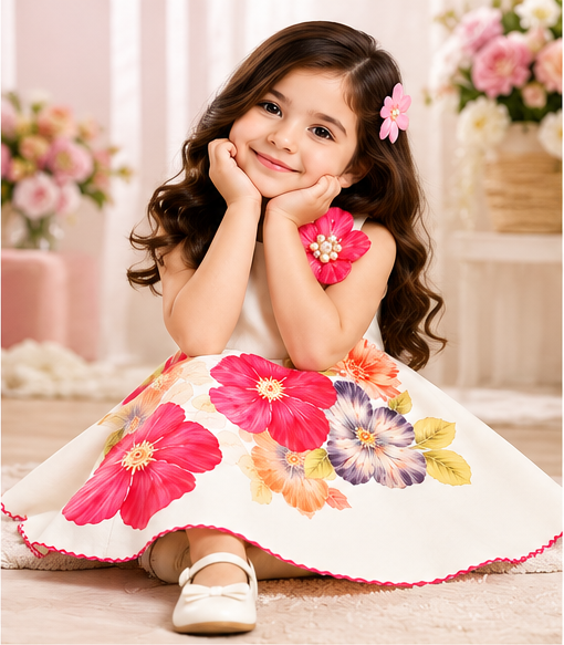 Girls White Floral Printed Sleeveless Party Wear Dress with 3D Pink Flower Embellishment and Flared A-Line Skirt – Stylish Designer Dress