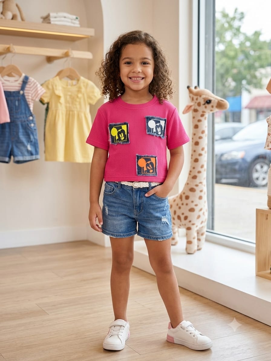 Hot Pink Textured Kids T-Shirt with Cartoon Patch Design