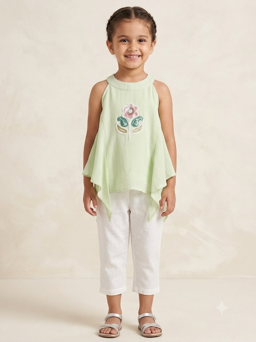 Mint Green Cold Shoulder Girls Top with Floral Embellishment