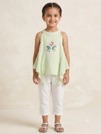 Mint Green Cold Shoulder Girls Top with Floral Embellishment